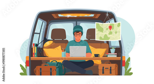 Man working remotely from a van.