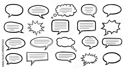 Speech bubbles set with doodle comic lines, starburst bursts, and sketchy text shapes for messaging and chat icons