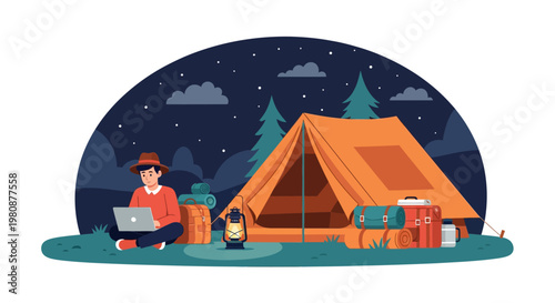 Man camping in the wilderness at night.