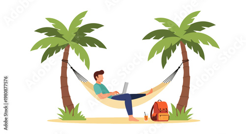Man relaxing in a hammock on beach.