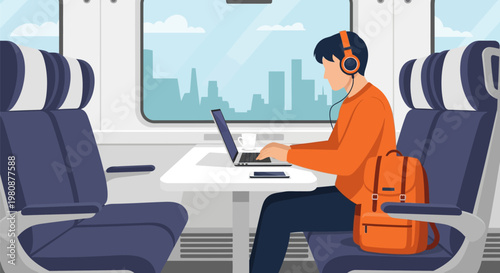 Man working on laptop in train.