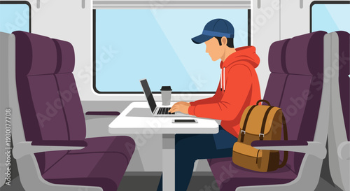 Man working on laptop in train.