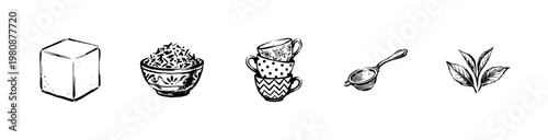 Tea Time Essentials and Brewing Equipment with Hand-Drawn Inky Doodle and Bold Sketchy Colors