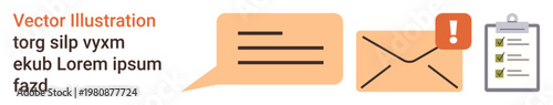 Messaging, notifications, task management, email communication, productivity, organization. Speech bubble, envelope with alert icon and checklist clipboard. Messaging and notifications concept