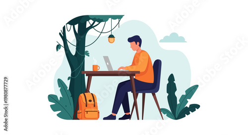 Man sitting outdoors with laptop computer.