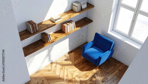 A cozy reading nook features a blue armchair and wooden bookshelves bathed in natural light.