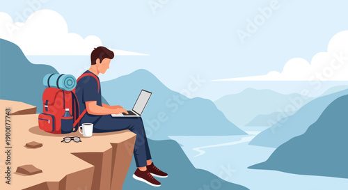 Man sitting on cliff with laptop outdoors.