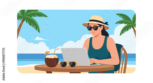 Woman working on laptop at beach.