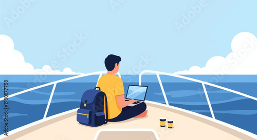 Man working on laptop while sitting on boat deck in ocean.