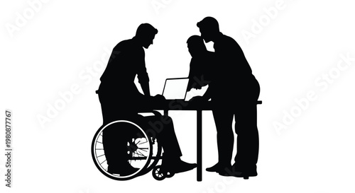 Silhouette of disabled person in wheelchair with colleagues working together on laptop computer in office setting