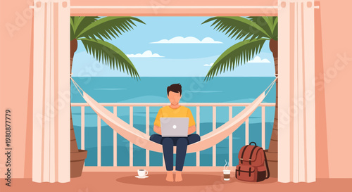 Man working on laptop in beachside hammock.
