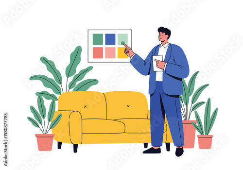 Professional Man Planning Home Interior Design with Color Palette Vector