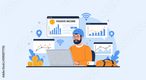 Man working on laptop with passive income graphs.
