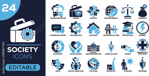 Society Icon Set with Agriculture Education Healthcare Energy Technology Transportation Arts Justice Solid Vector Collection