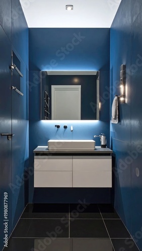 A modern bathroom interior features a sleek white vanity, a rectangular mirror illuminated by bright LED lighting, and dark tiled flooring, creating a stylish and minimalist space.
