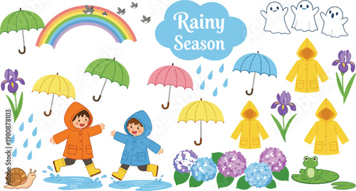 Rainy Season Vector Illustration Set Featuring Children in Raincoats Playing in Puddles with Umbrellas Rainbow Hydrangeas Frog and Snail Decorative Elements
