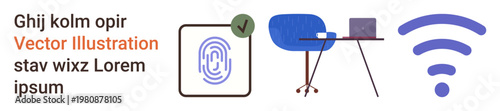 Identity verification, remote work setups, technology, connectivity, authentication, and online security. Visuals include a fingerprint, desk with laptop and wireless symbol. Identity verification