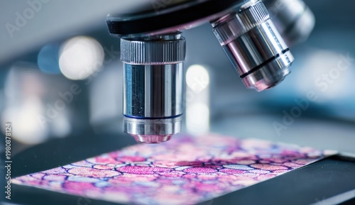 A high-powered microscope capturing detailed images of cells with pink and purple staining, emphasizing microscopic biological research and laboratory technology