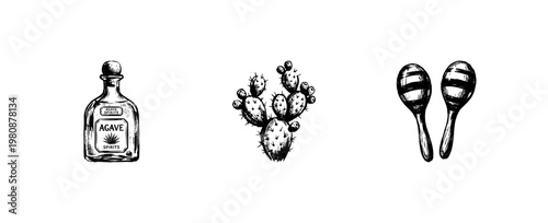 Mexican Culture and Fiesta Heritage Elements with Hand-Drawn Inky Brush Strokes and Fluid Calligraphic Outlines