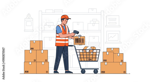 Warehouse worker with shopping cart and boxes.