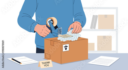 Man packing a cardboard delivery box.