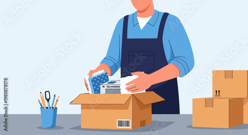 Man packing boxes in a warehouse.
