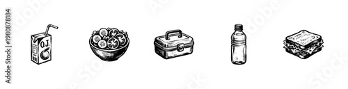 School Lunch and Healthy Snack Food Items with Hand-Drawn Engraving Style and Organic Fluid Lines