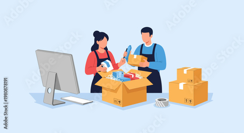 Two people unpacking boxes in office.