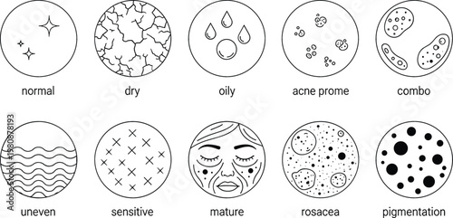 Skin Type and Condition Icon Set for Dermatology Skincare Products Including Normal Dry Oily Acne Prone Combination Sensitive Mature Rosacea and Pigmentation Labels