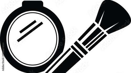 Black and white icon illustration of compact mirror with makeup brush symbolizing cosmetics, beauty, grooming, fashion, and personal care themes