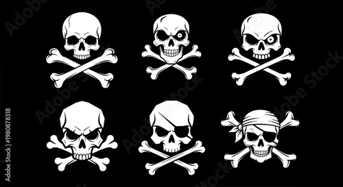 Skull pirate jolly roger icons set with crossbones, bones, and skull faces in white for stencil style graphics