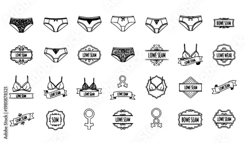 Lingerie and intimate wear logo set with panties period underwear retro vintage hand drawn vector