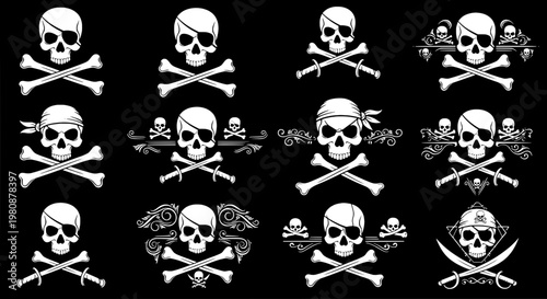 Knife skull crossbones pirate emblem set with vintage doodle linework and ornamental swirls, perfect for tattoo and apparel designs