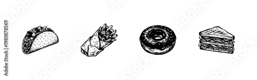 Fast Food Favorites and Popular Takeout Snacks in Hand-Drawn Inky Brushstroke Style