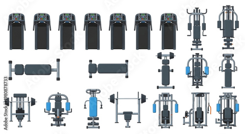 Comprehensive CAD Renderings of Fitness Equipment Layouts for Gym Design and Exercise Planning Applications and Facility Configuration