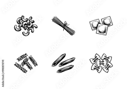 Italian Pasta Varieties and Mediterranean Cooking Ingredients in Hand-Drawn Inky Doodle Style