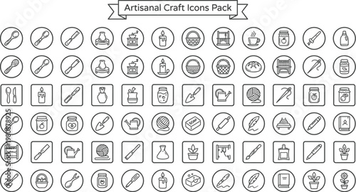 Comprehensive collection of various artisanal craft icons displayed in clean black and white outlines for creative projects and design assets