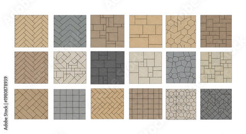 Varied vector patterns for tiles and paving in CAD software. Ideal for architectural and landscape design, offering diverse surface textures and arrangements for modern floor plans