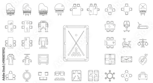 Versatile CAD Line Art Icon Set for Modern Interior Planning and Architectural Design. A Broad Range of Furniture and Home Appliance Symbols for Digital Layouts and Conceptual Schematics