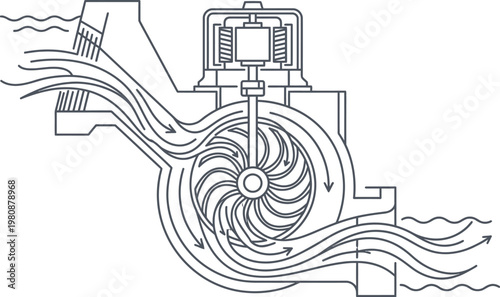 Technical schematic diagram showing the internal mechanics and fluid flow path of a centrifugal pump used in industrial water systems