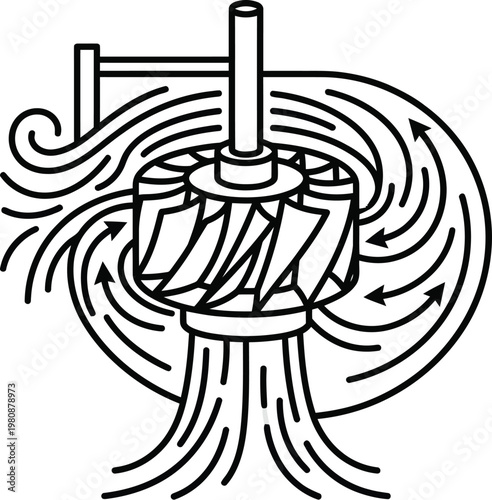 Technical illustration showing the complex airflow patterns moving through a rotating turbine wheel for efficient energy production and power generation