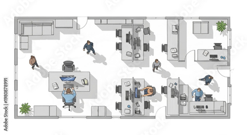Office floor plan illustration created in CAD with people working at desks and meeting areas