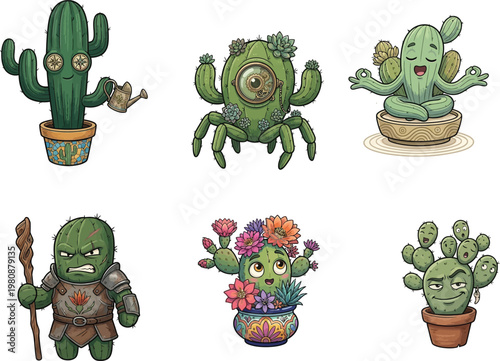 A collection of six quirky cartoon cactus characters with different personalities and styles