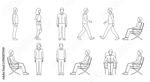 Versatile CAD vector collection depicting diverse human figures in various poses for architectural plans, landscape designs, and interior project blueprints