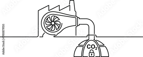 Continuous line drawing illustrating industrial carbon capture technology from a factory with emissions being stored in a secure underground facility.