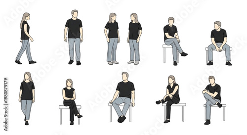 CAD human figure vector illustration set depicting various standing and sitting poses, ideal for character design, architectural visualization, and digital modeling