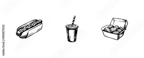 Fast Food Snacks and Junk Food Meal Elements with Bold Ink Outlines and Saturated Colors in Hand-Drawn Sketchy Style.