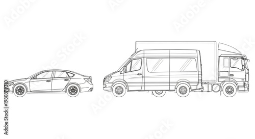 Detailed CAD drawing comparing the side profiles of a contemporary passenger car with a robust commercial transport vehicle, ideal for size and design analysis