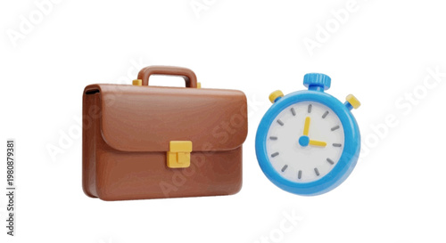 Vector illustration of 3d illustration of a brown briefcase and a blue stopwatch on a transparent background