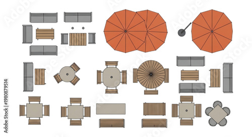 CAD Furniture Layouts Top-Down View of Outdoor Seating and Dining Sets for Design and Planning